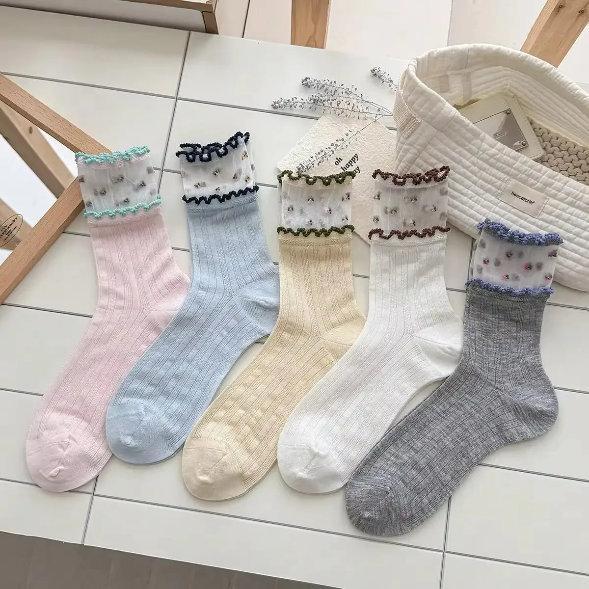 Women Socks Fashion New Spring Summer Thin Cute Flowers Socks For Girls Breathable Korean Style Color Blocking Girls Socks