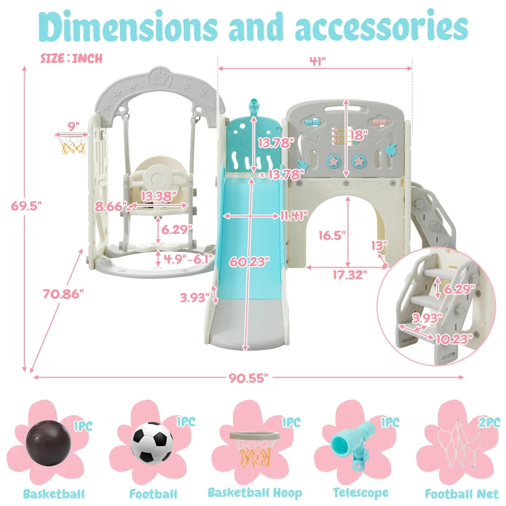 Glijbaan- en schommelset voor peuters 10 in 1, voor kinderen van 1-3 jaar met basketbalring, kinderglijbaan speelset structuurtelescoop, speelgoedopslag