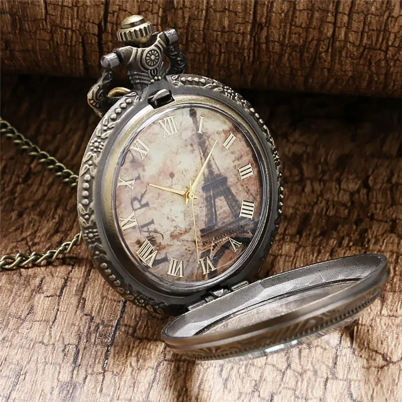 Old Fashion Eiffel Tower Dial Transaparent Cover Watch Necklace Chain Quartz Pocket Clock for Men Women Roman Number Display