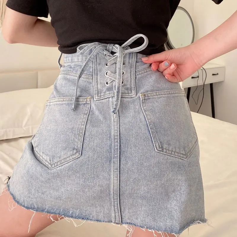 

Design Denim Short Skirt Women's Summer High Waist A-line Wrap Hip Chic New Korean Trouser Skirt Half Student