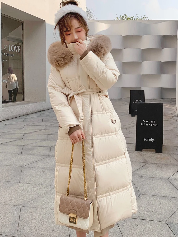 Warm Hooded Cotton Jacket Coat For Women's Fashion 2023 Winter New Korean Slimming Mid Length Quilted Jacket White Duck Down