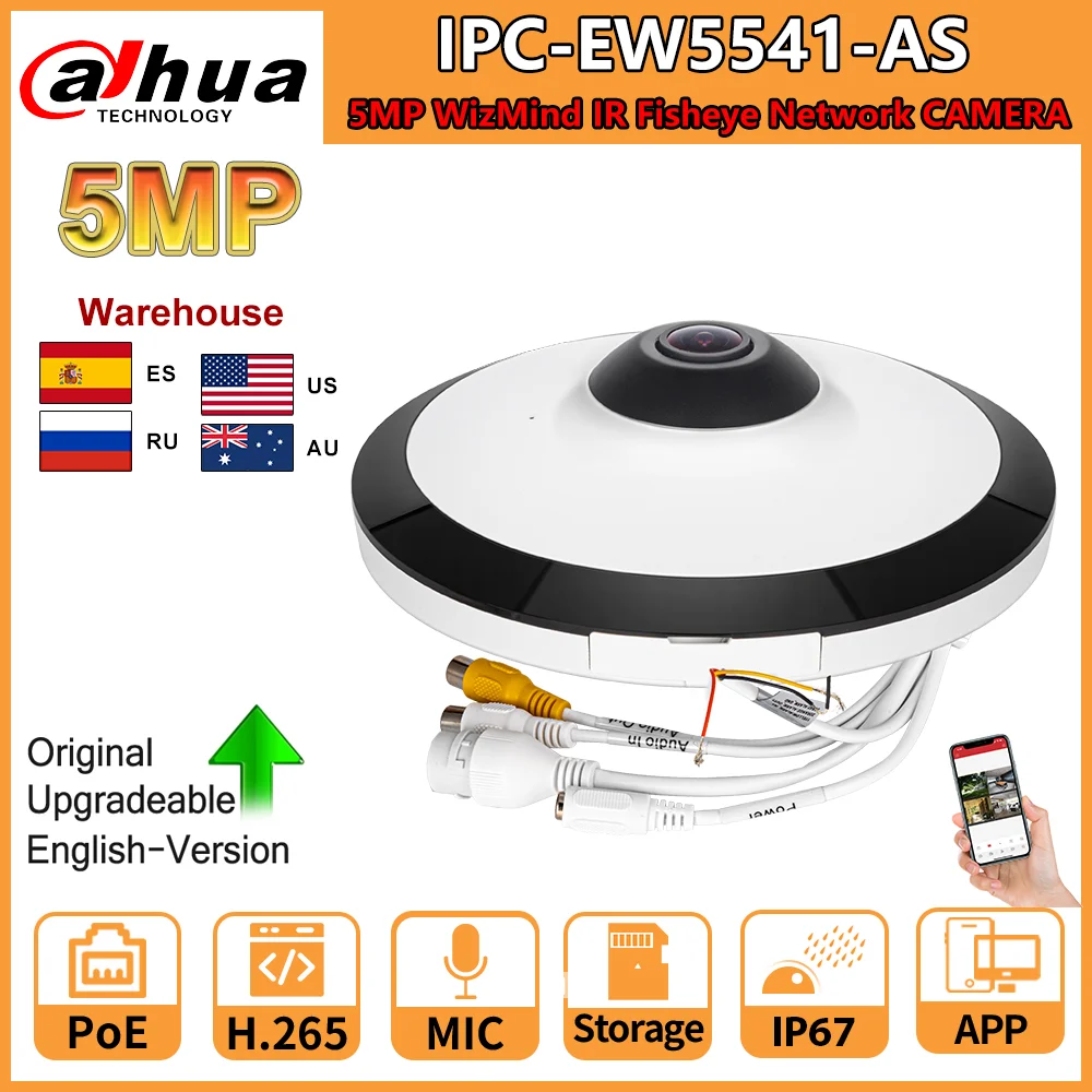 Dahua 5MP WizMind IR Fisheye Network CAMERA IPC-EW5541-AS Built-in Mic POE SD Card Slot Heat Map for People Counting Alarm Audio