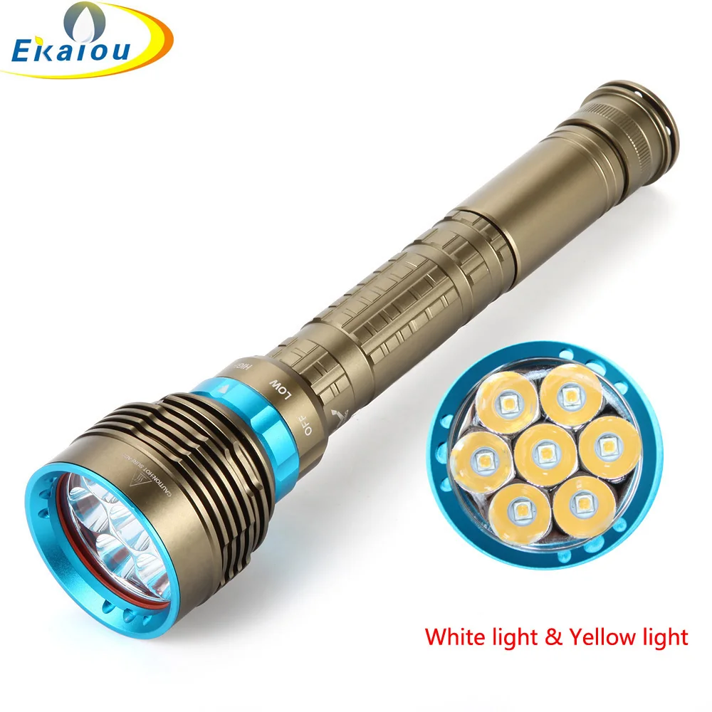 New IP8 Waterproof Diving Flashlight 7 LEDs T6 L2 Tactical White / Yellow Light Underwater Catch Fish Hunting Torch Lamp