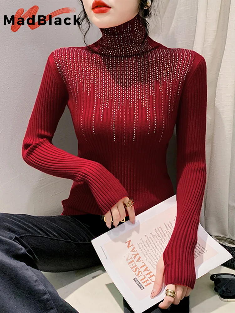 

MadBlack European Clothes Sweater Women Turtleneck Hot Drill Thicken Warm Knit Slim Long Sleeve Pullover Autumn Winter T30676JM