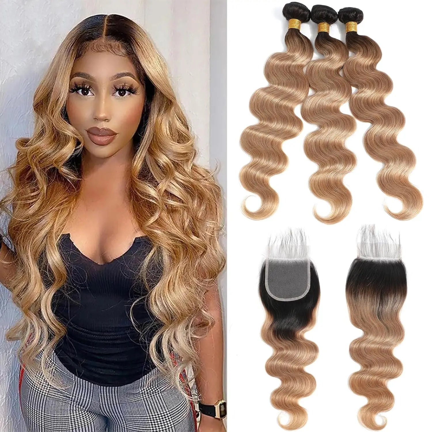 Pacotes de cabelo humano reto T1B/27 12A com fecho 4X4 loiro mel 27 #   Pacotes de cabelo humano coloridos pacotes de cabelo virgem birmanês