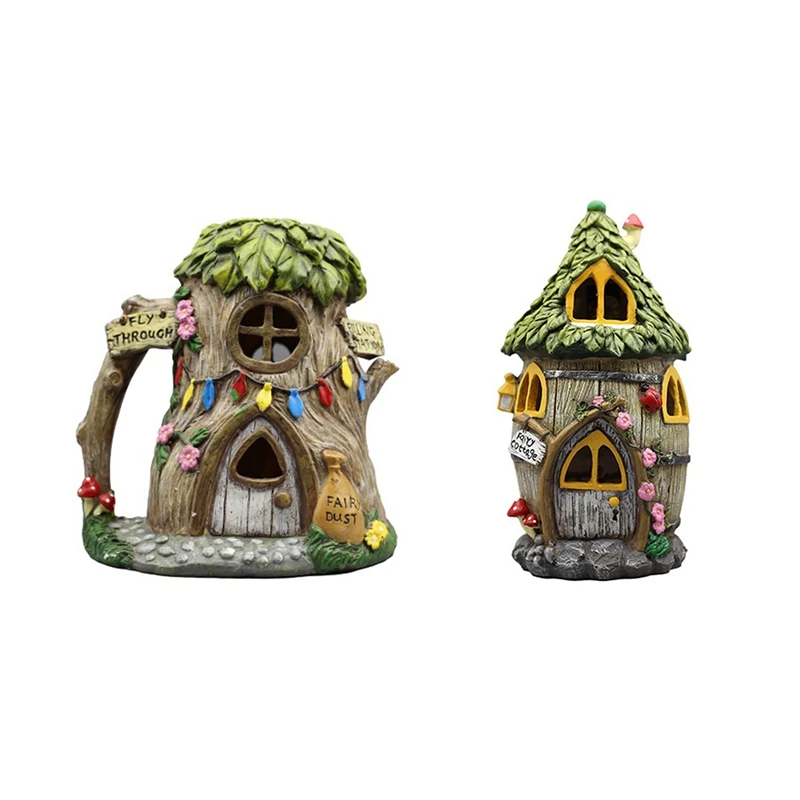 

Resin Houses With Solar LED Lights Fairy Garden Accessories Outdoor Cottage Figurines Lawn Ornaments