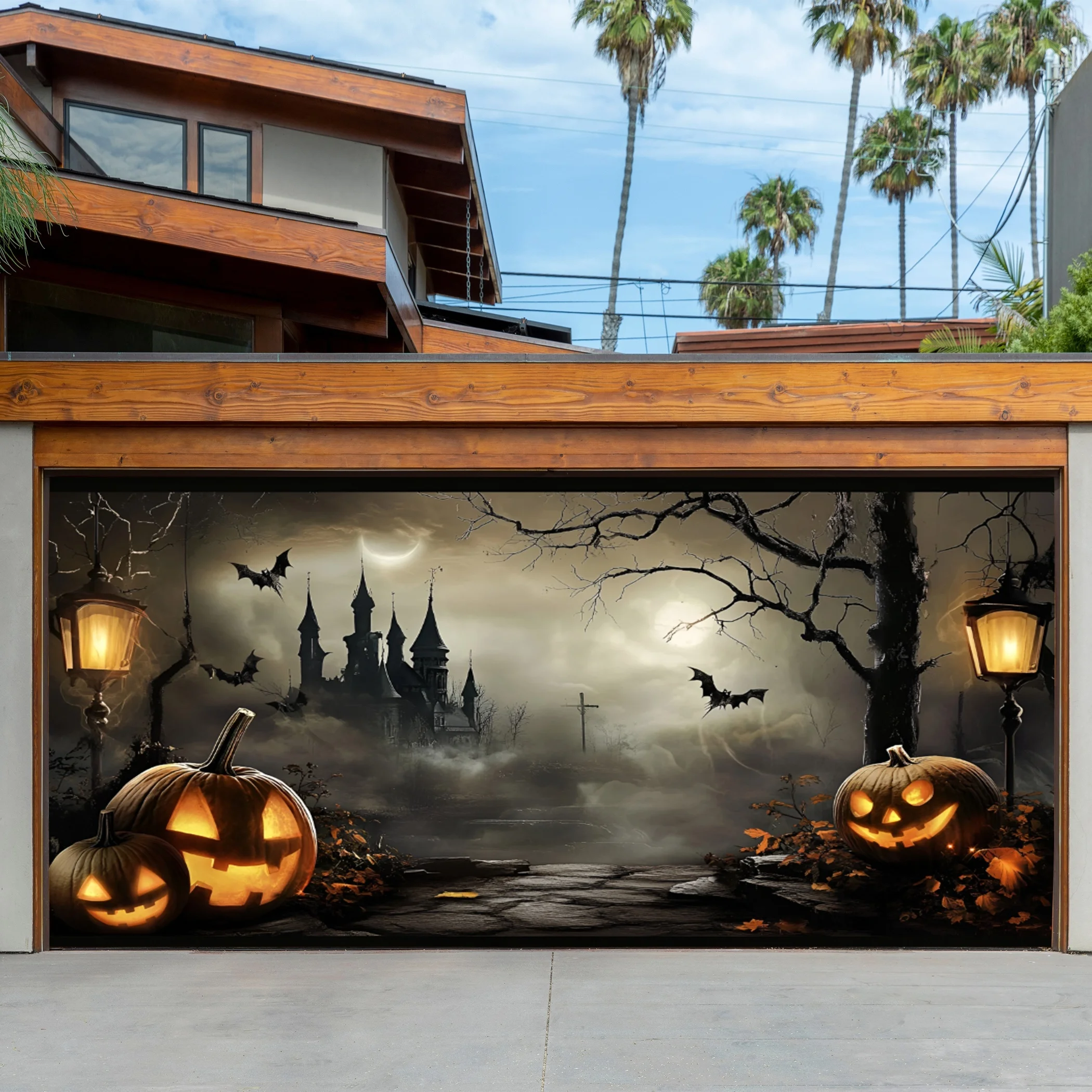 

1 Хэллоуин тыквенный замок летучая мышь гаражная дверь полиэстеровый фон, подходит для праздничных вечеринок или ежедневного украшения