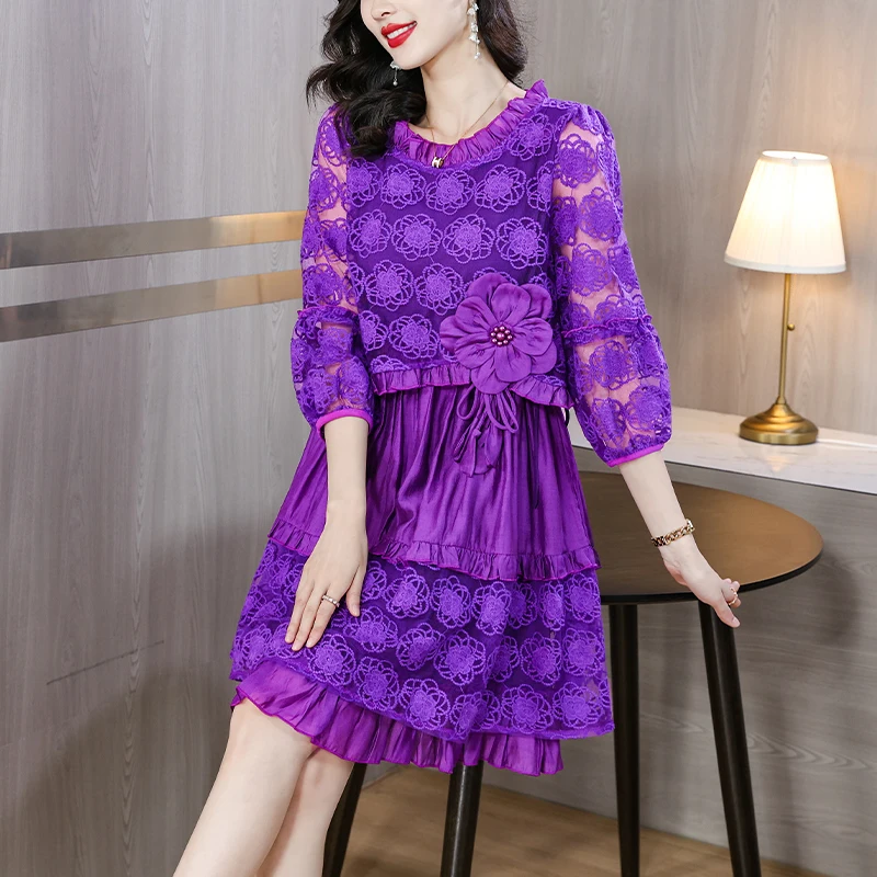 

Retro Embroidery Large Size Long Dress Women's Summer New Ethnic Style Loose Slim Mid length Lace Dress