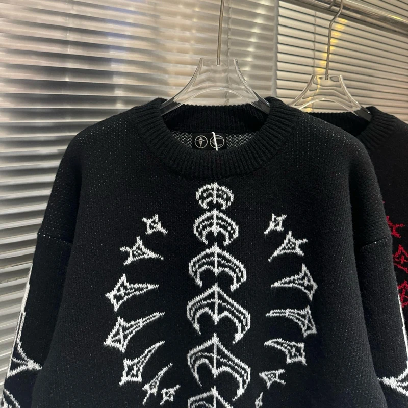 

Trendy Korea Thug Club Sweater Star Moon Logo Round-neck Pullover Men's Women's Contrast Color Stitching Knitwear Tops