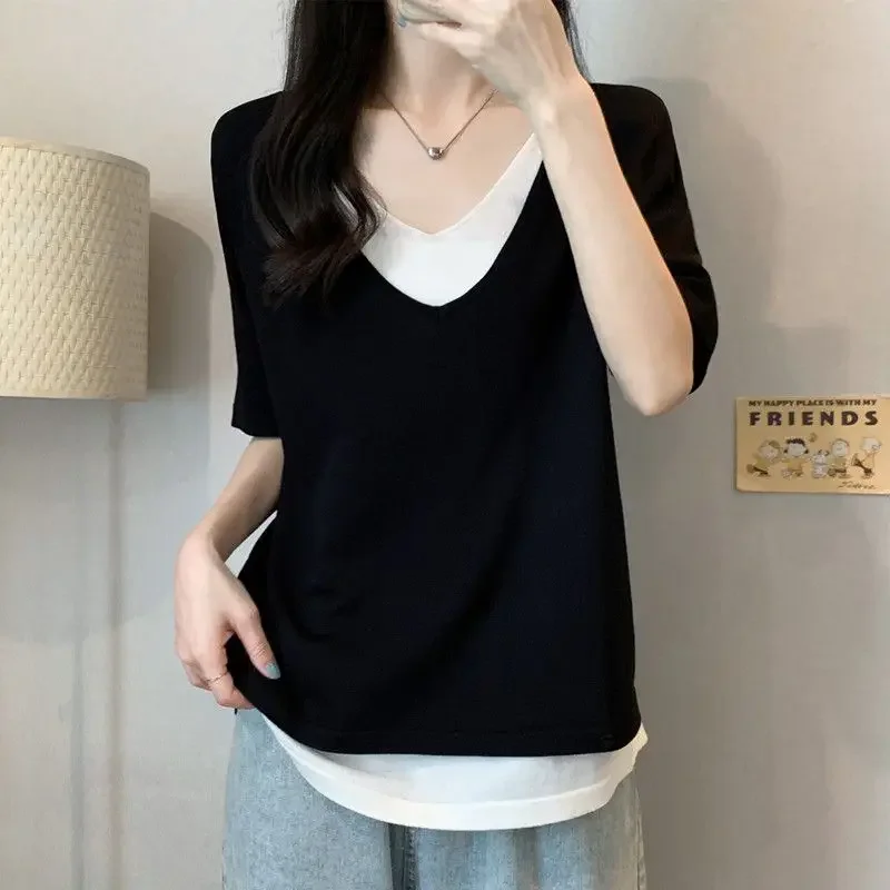 Camisetas informales holgadas y elegantes para mujer, jerséis de moda de Color sólido con retazos de manga corta y cuello en V, ropa para mujer JJ352