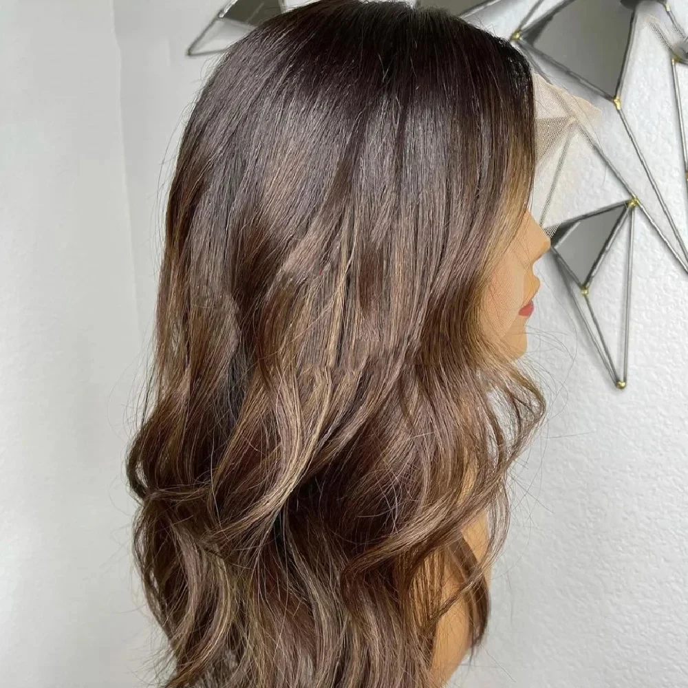 Highlights Chocolate Brown Body Wave Synthetic Wig Lace Front Wig High Temperature Fiber for Women Hair Replacement System