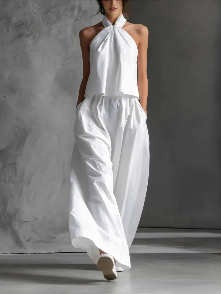 2pc Set Women Summer Casual Loose Backless Hollow Commuting Outfit Simple Solid Hanging Neck Top and Wide Leg Pants Suit Clothes