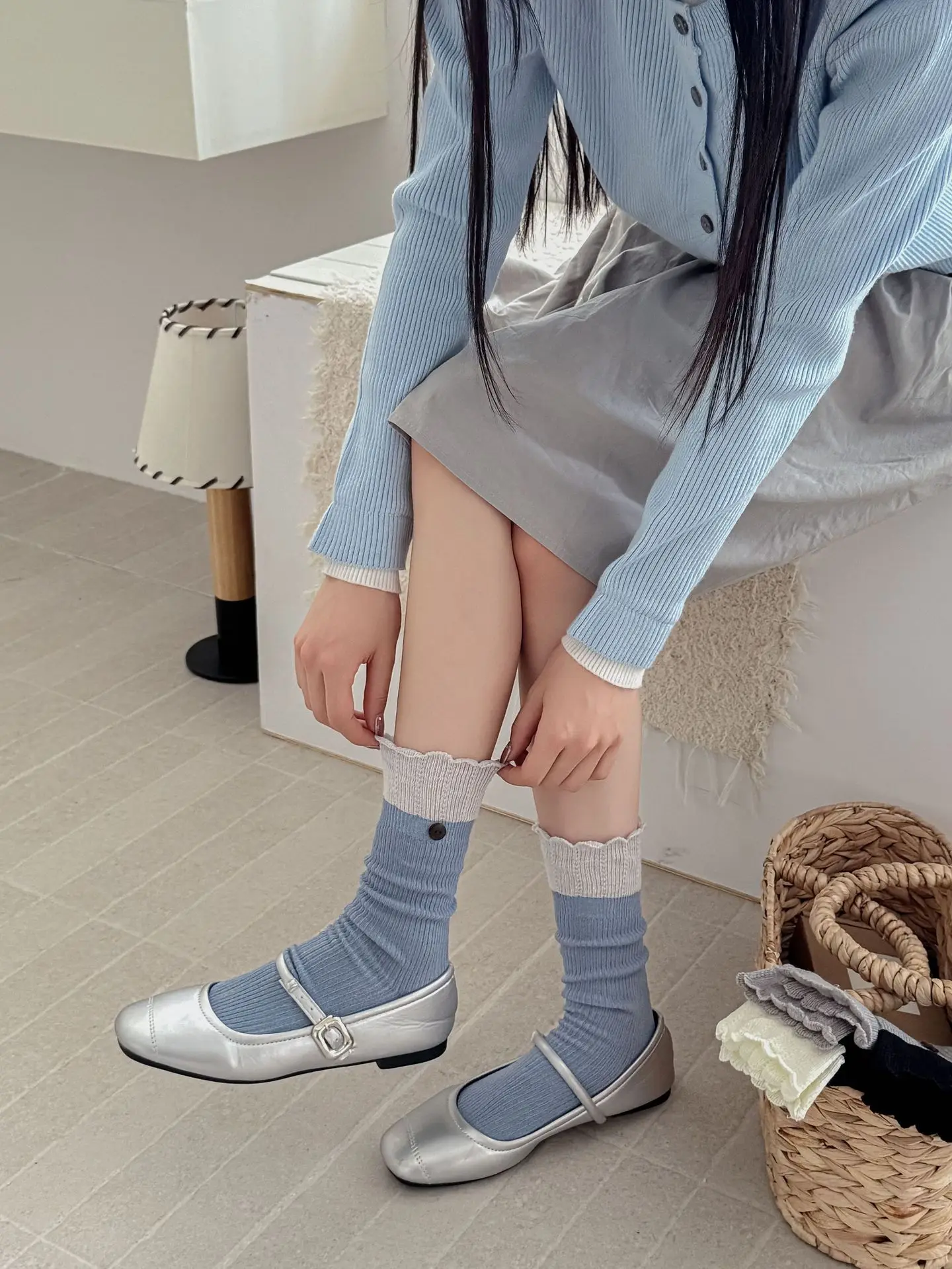 Autumn Winter Lace Trim Socks Women Mid-Calf Two-Way Wear Youth Trendy Cotton Sweat Absorbent Anti-Friction Color Block