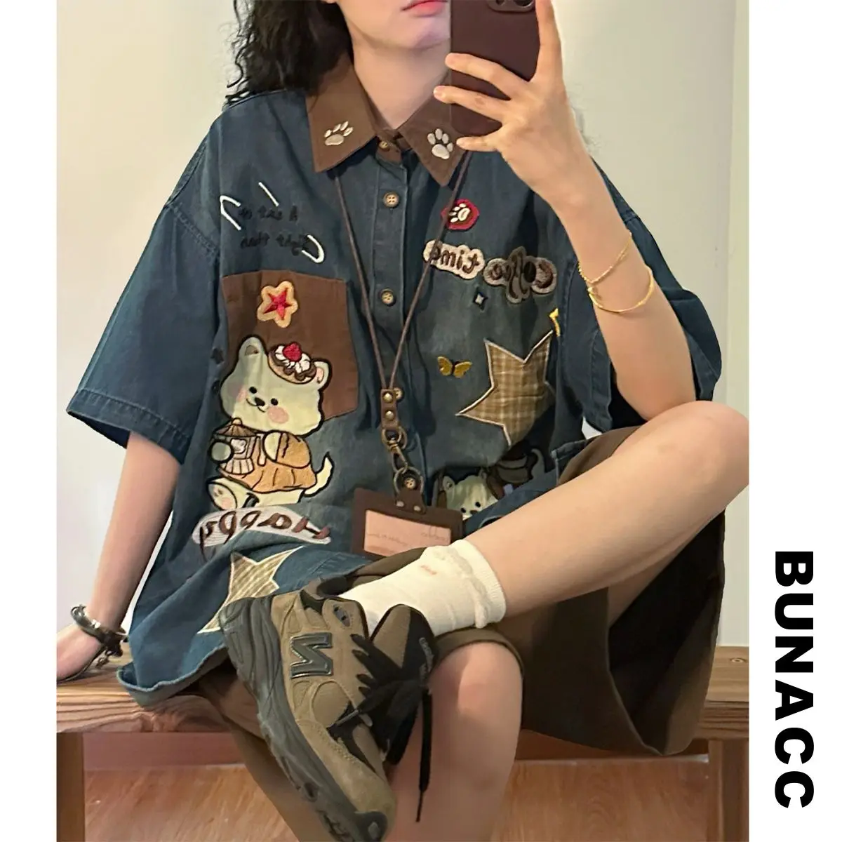 

Casual Loose Short Sleeve Embroidered Denim Shirt Summer Color Block Vintage Hong Kong Style Cartoon Patchwork Women's Shirt