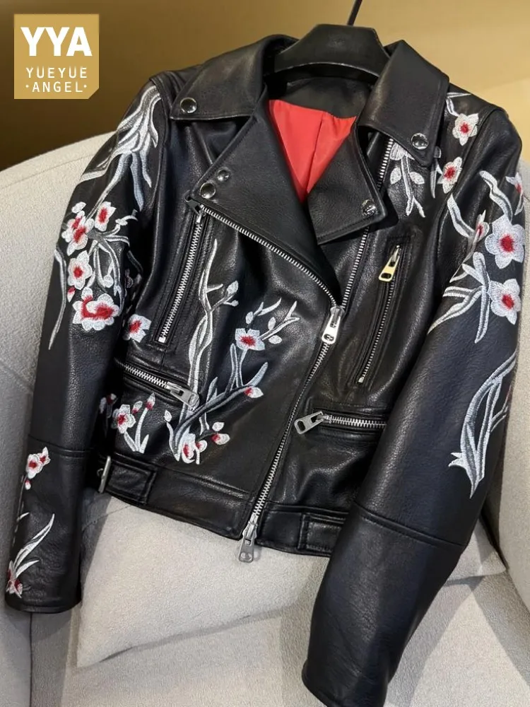 Chaqueta de cuero genuino con cremallera y solapa para mujer, estilo Retro, Color sólido, manga larga, piel de oveja, ropa de abrigo ajustada bordada para motocicleta