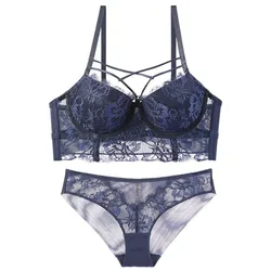 Sexy Bandage Design Lace Lingerie Set Women's Solid Perspective Underwear Female Ultra-thin See Though Bra and Briefs Suit Daily