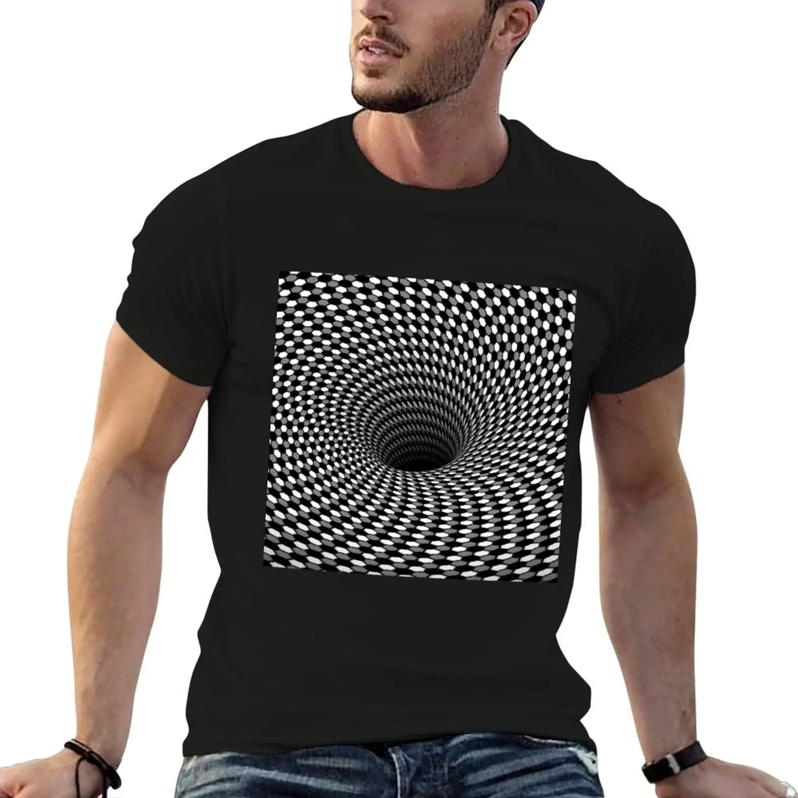 Optical Illusion Hexagon Honeycomb Gray White Black Hole Vortex T-Shirt baggy shirts plain men t shirts high quality