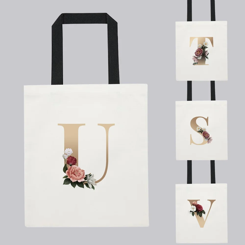 

Женская сумка-шоппер с золотым буквенным принтом, холщовая сумка через плечо для студентов, модная сумка-тоут 2026 года