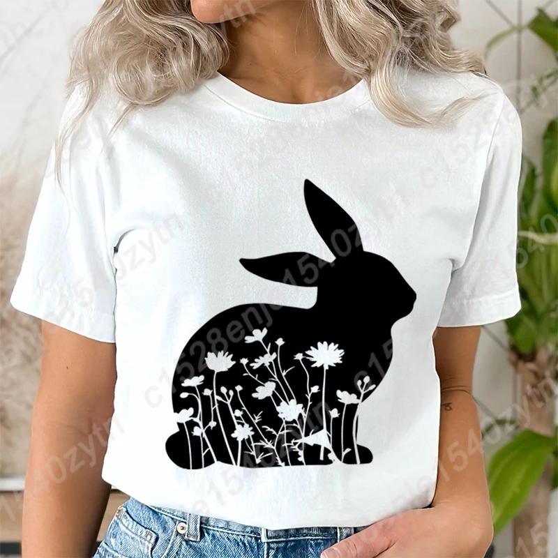 Cute Easter Day Bunny & Flower Print T-shirt Women Short Sleeve Round Neck Tee Shirt Casual Summer Solid Color Tops Soft T Shirt