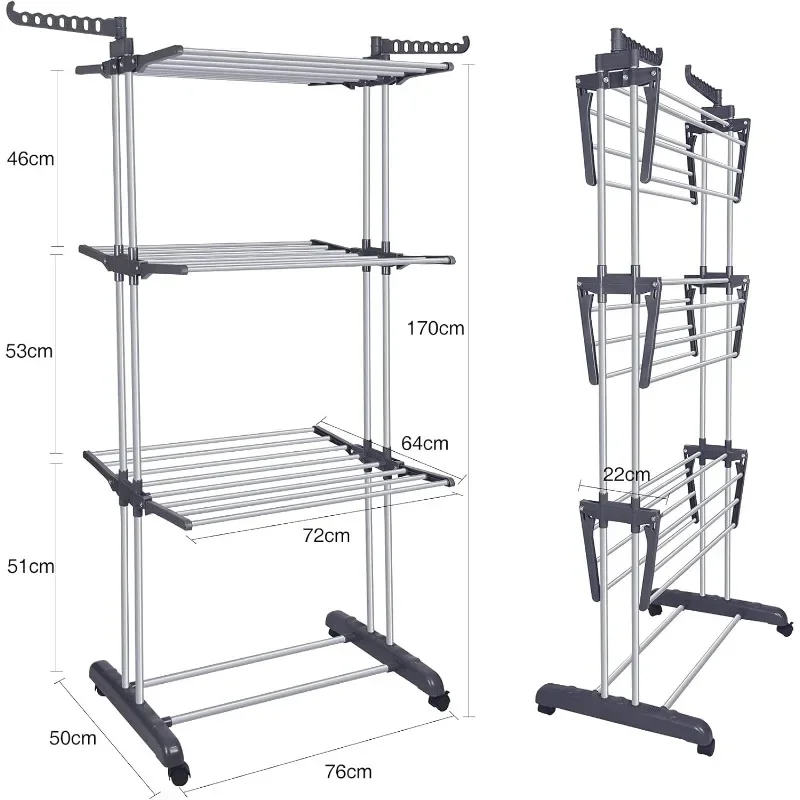 Rak pengeringan pakaian, rak pakaian lipat 4 tingkat, rak kuda pakaian Stainless Steel Laundry