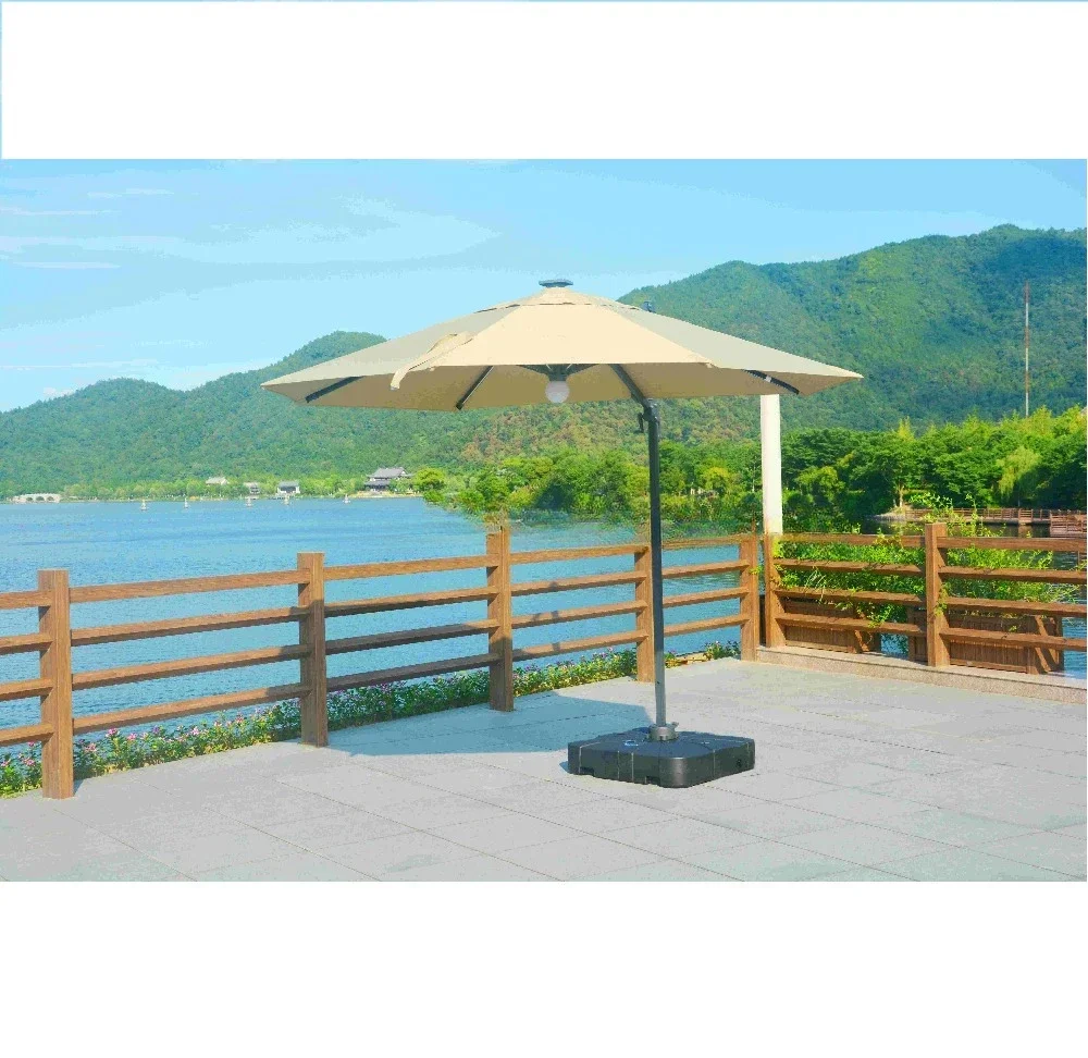 11.5 ft Outdoor Garden Parasol Cantilever Umbrella Patio Alu Roman Beach Umbrella with LED and Base