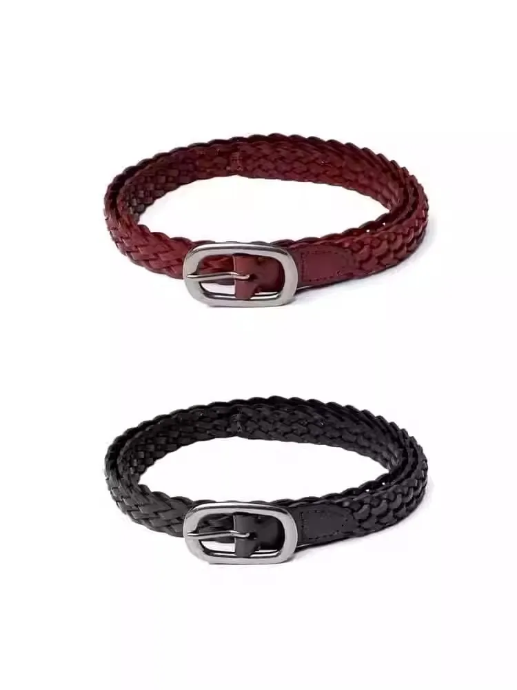 ผู้หญิงวินเทจหนังวัวแท้ Handmade ถักรัดตัวหญิง Cummerbund Coat เข็มขัดชุด Decration สีแดงเข็มขัดบาง J1527