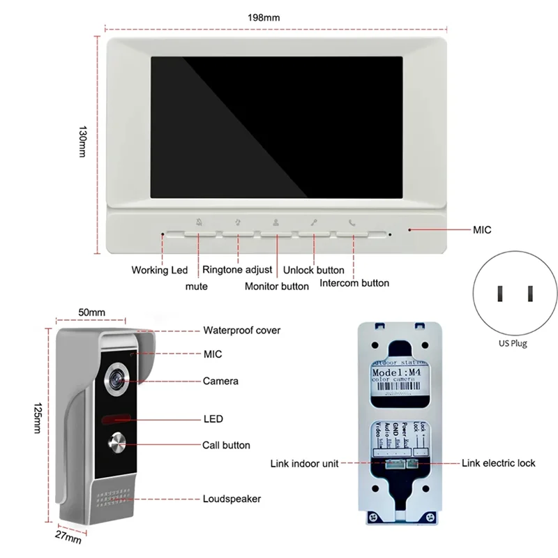 Video Doorbell Video Doorbell System ชุด 7 นิ้วรองรับการตรวจสอบปลดล็อคสําหรับ Villa Home US Plug