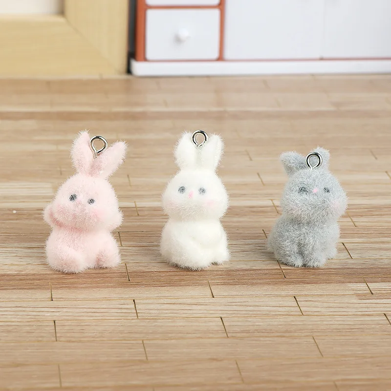 30Pcs Flocked Cute Rabbit Resin Charms Fluffy Animals Bunny Pendants for Earrings Necklace Keychains DIY Jewelry Making