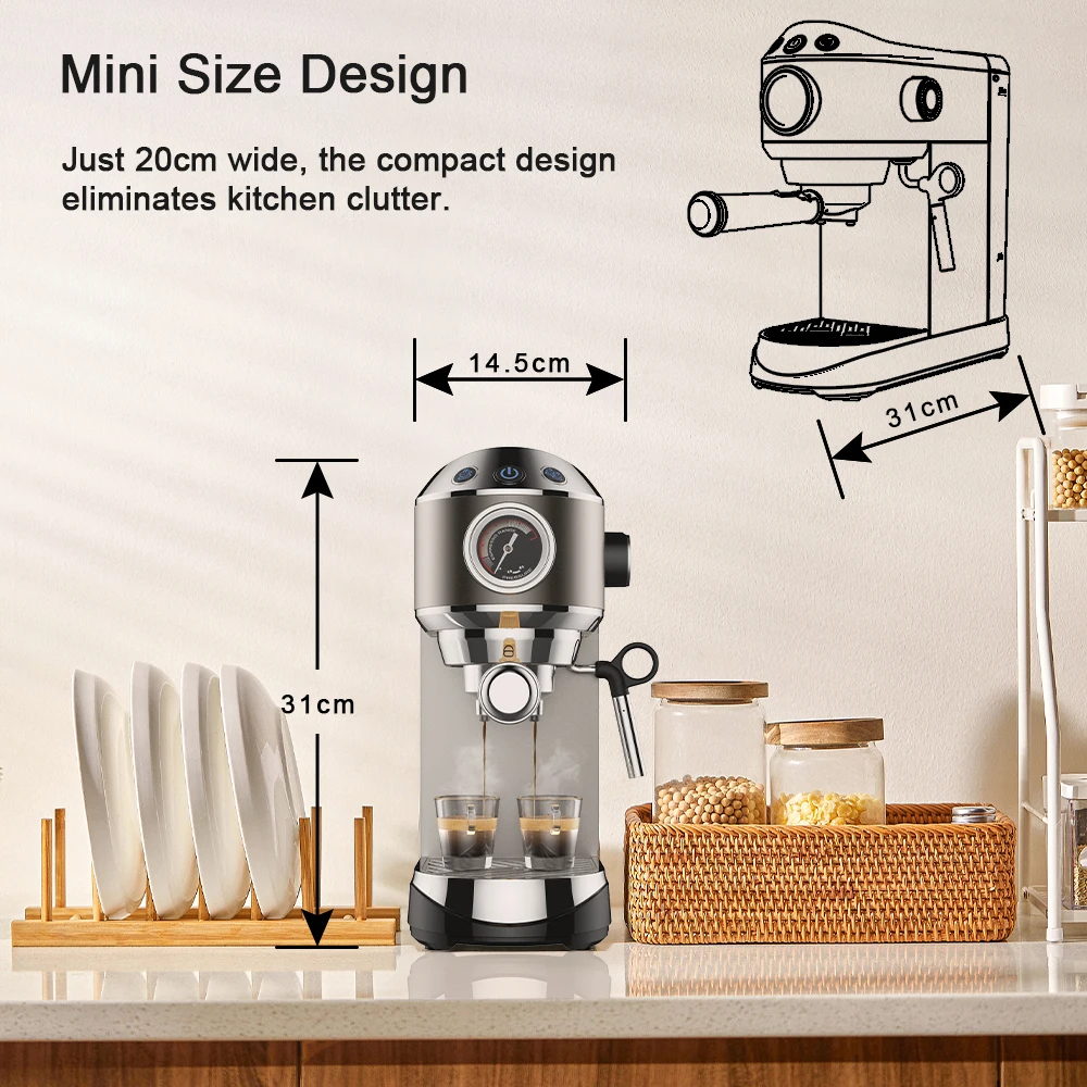 20 Bar Semi Automatic Powder Coffee Machine,with Milk Steam Frother Wand, for Espresso, Cappuccino, Latte and Mocha