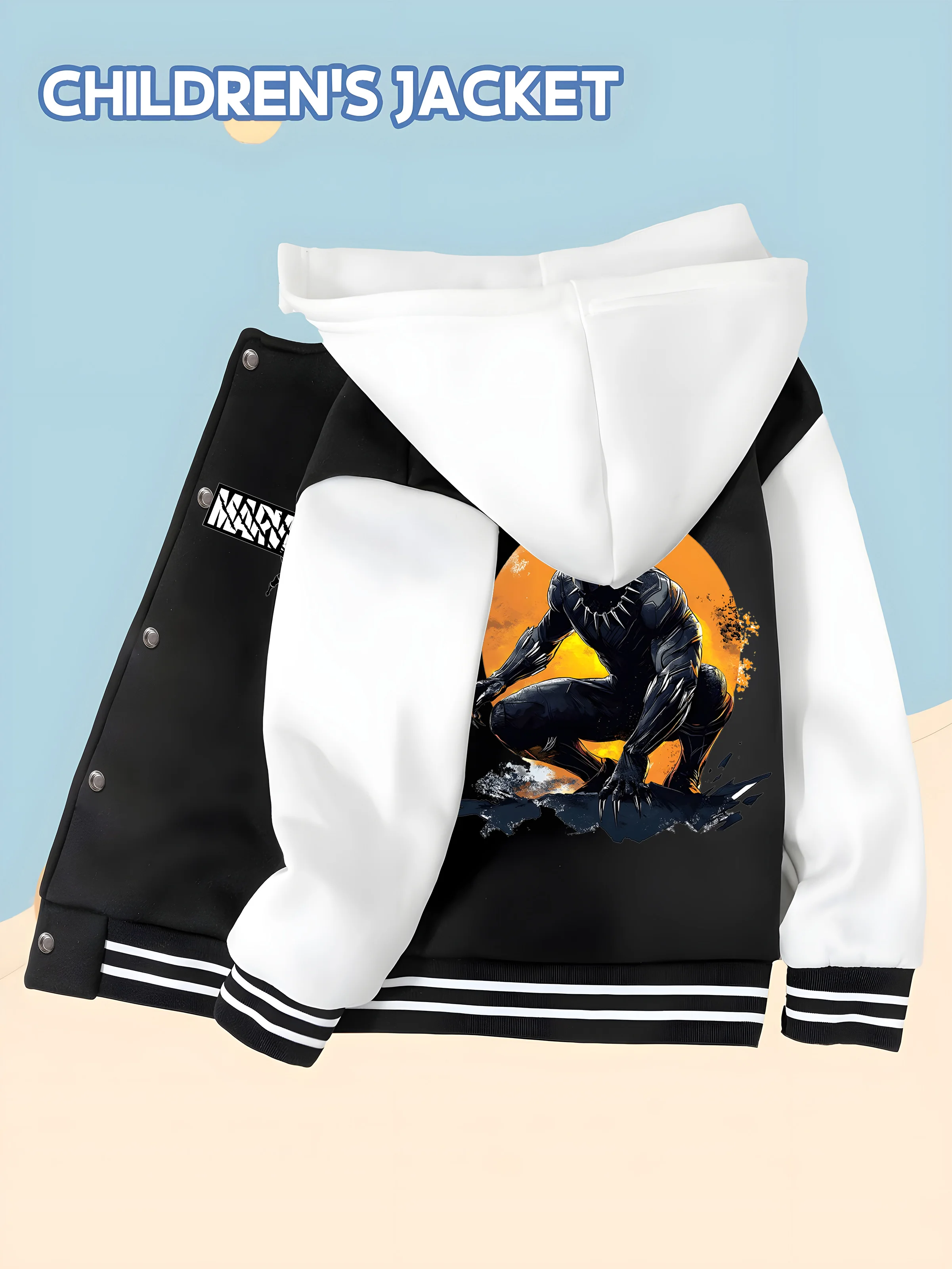 

MINISO Marvel Black Panther themed children's baseball jacket - classic logo on the front, soft and skin-friendly fabric, autumn