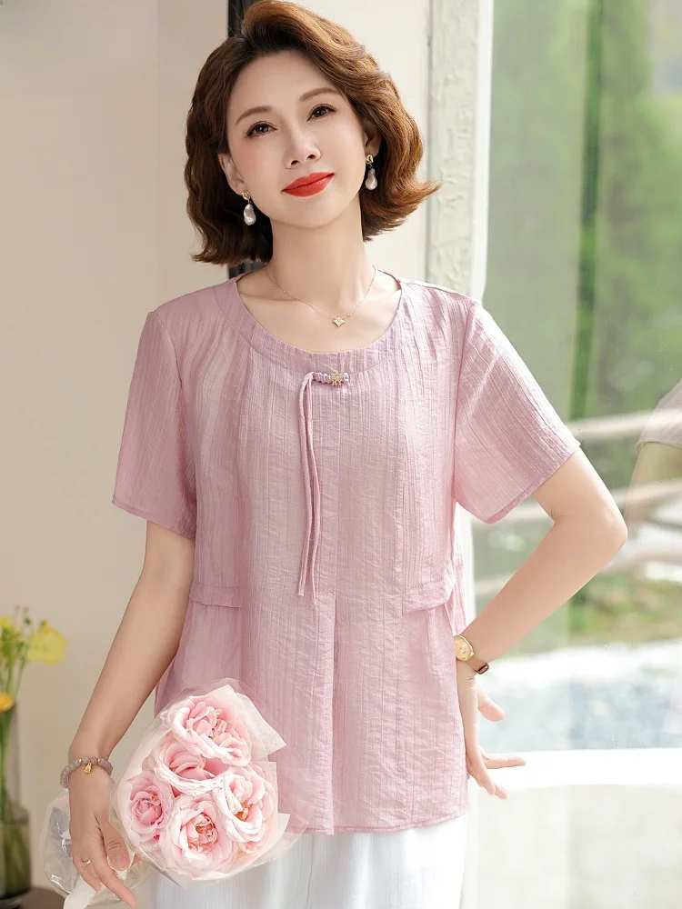 

New Chinese Sle Summer Outfit Set Faionable ort Sve irts for Middle-Aged And ly Women Transparent T-irt Blouse