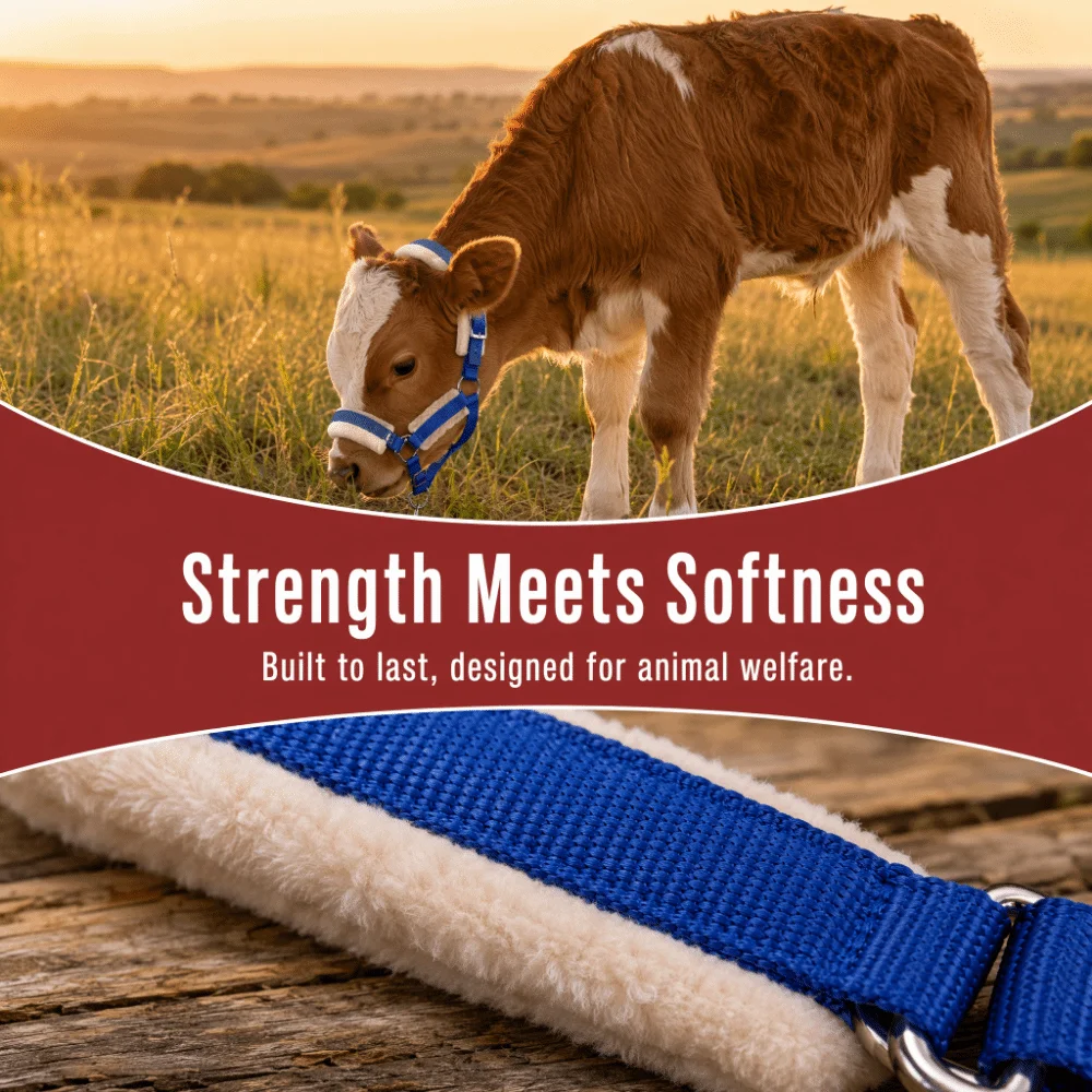 Nylon Cow Halter Fleece-lined Adjustable Halter Lead Rope Set Durable with Long Lead Rope Animal Training Harness Farm Use