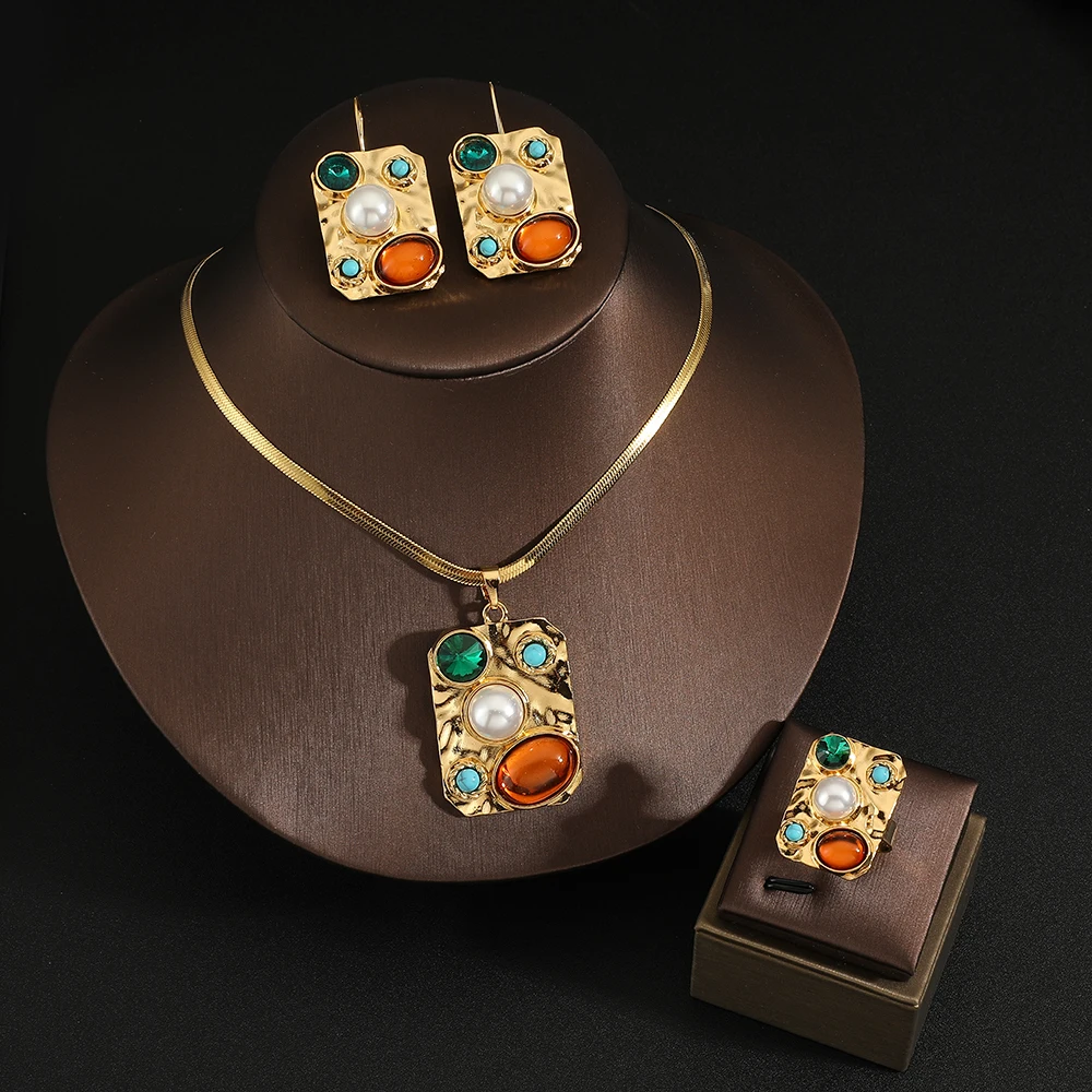 Exquisite Fashion Colored Gemstone Pendant Necklace Earrings Ring 3 Piece Set Classic Banquet Wedding Jewelry Set Birthday Gift