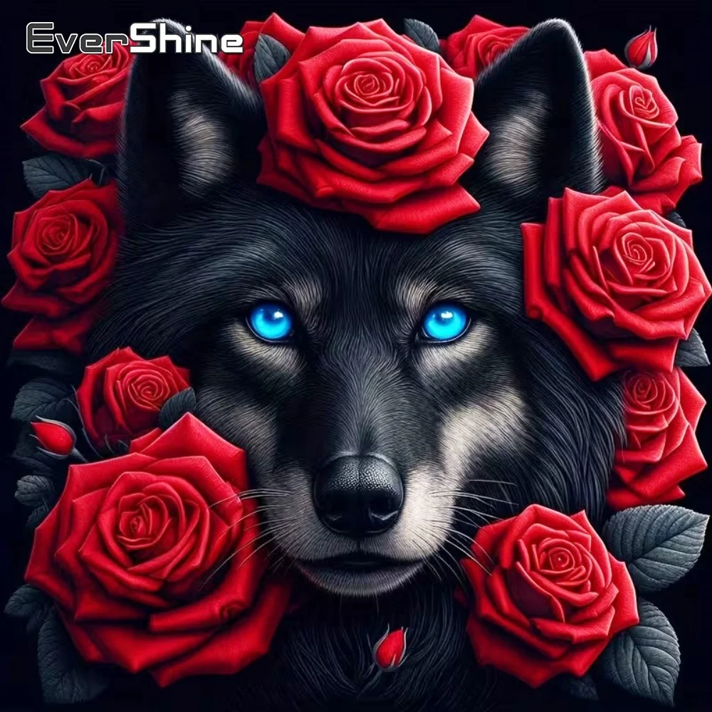 EverShine DIY Dog Diamond Painting Wolf Animal Full Square Embroidery Red Flower Picture Rhinestones Mosaic Decor for Home