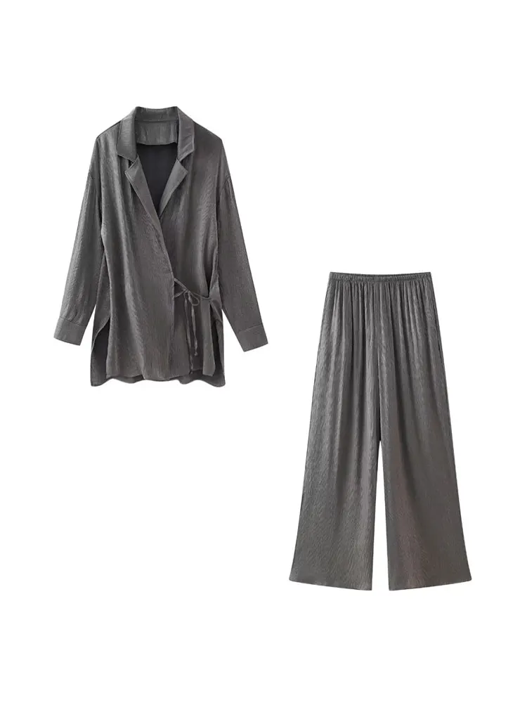 GELITAYIN Women Fashion With Tied Textured Kimono Jacket And High Elastic Waist Straight Pants Female Two Piece Sets Mujer