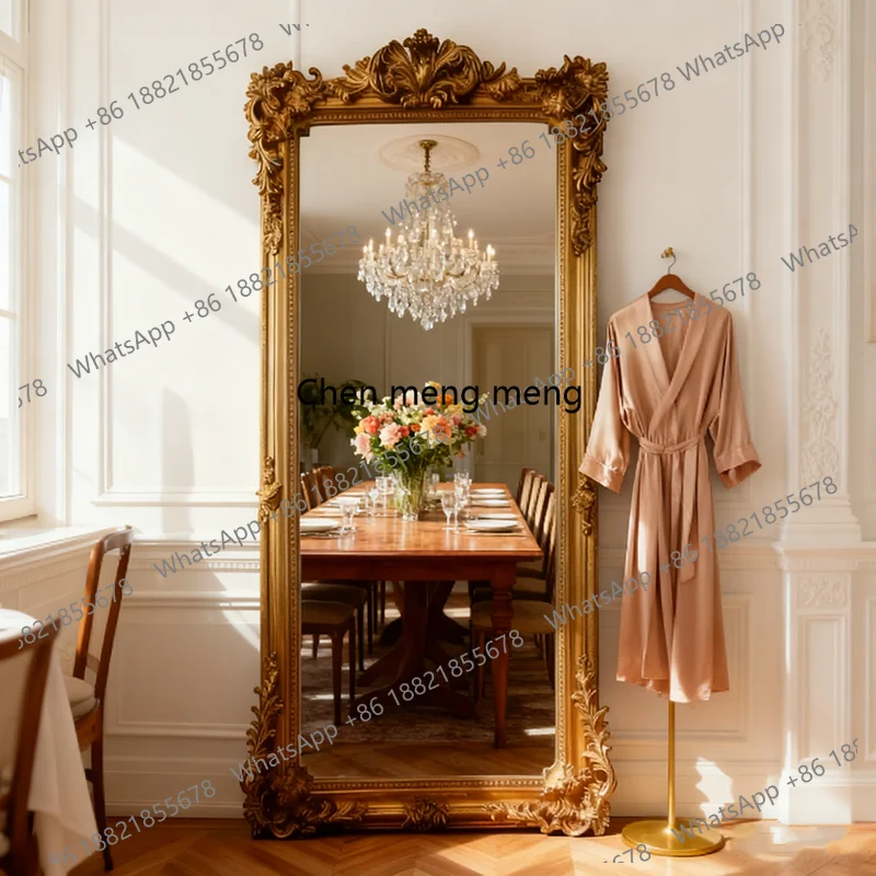 French retro full-body mirror floor-to-ceiling carved decorative mirror living room entrance wall-mounted full-length mirror