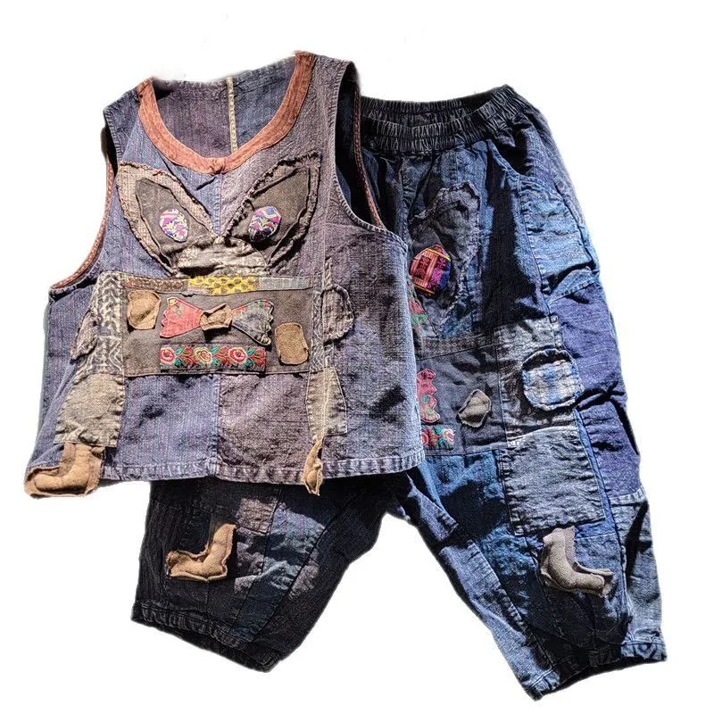 WTHT moda mujer pesado industy bordado Patchwork chaleco estampado Vintage elástico pantalones de cintura alta mujer 2025 verano 1LS1611