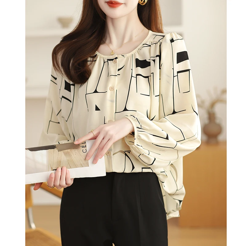 Spring Autumn Women's Round Neck Geometric Plant&Flowers Print Long Sleeve Button Chiffon Cardigan Shirt Casual Elegant Tops