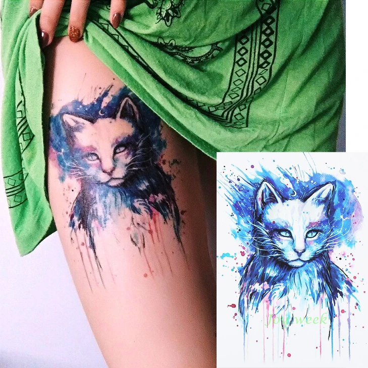 Pegatina de tatuaje temporal a prueba de agua para hombres y mujeres, tatuajes falsos de Gato Azul de gran tamaño, 21x15cm