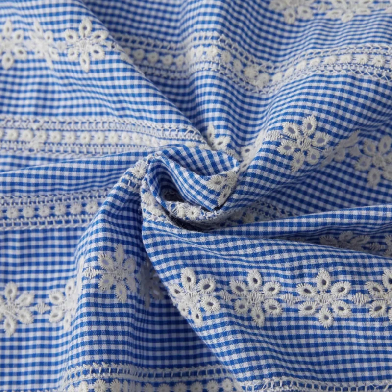 

Blue White Cotton Floral Striped Embroidered Fabric for Shirt Dress DIY Country Style Clothing Material
