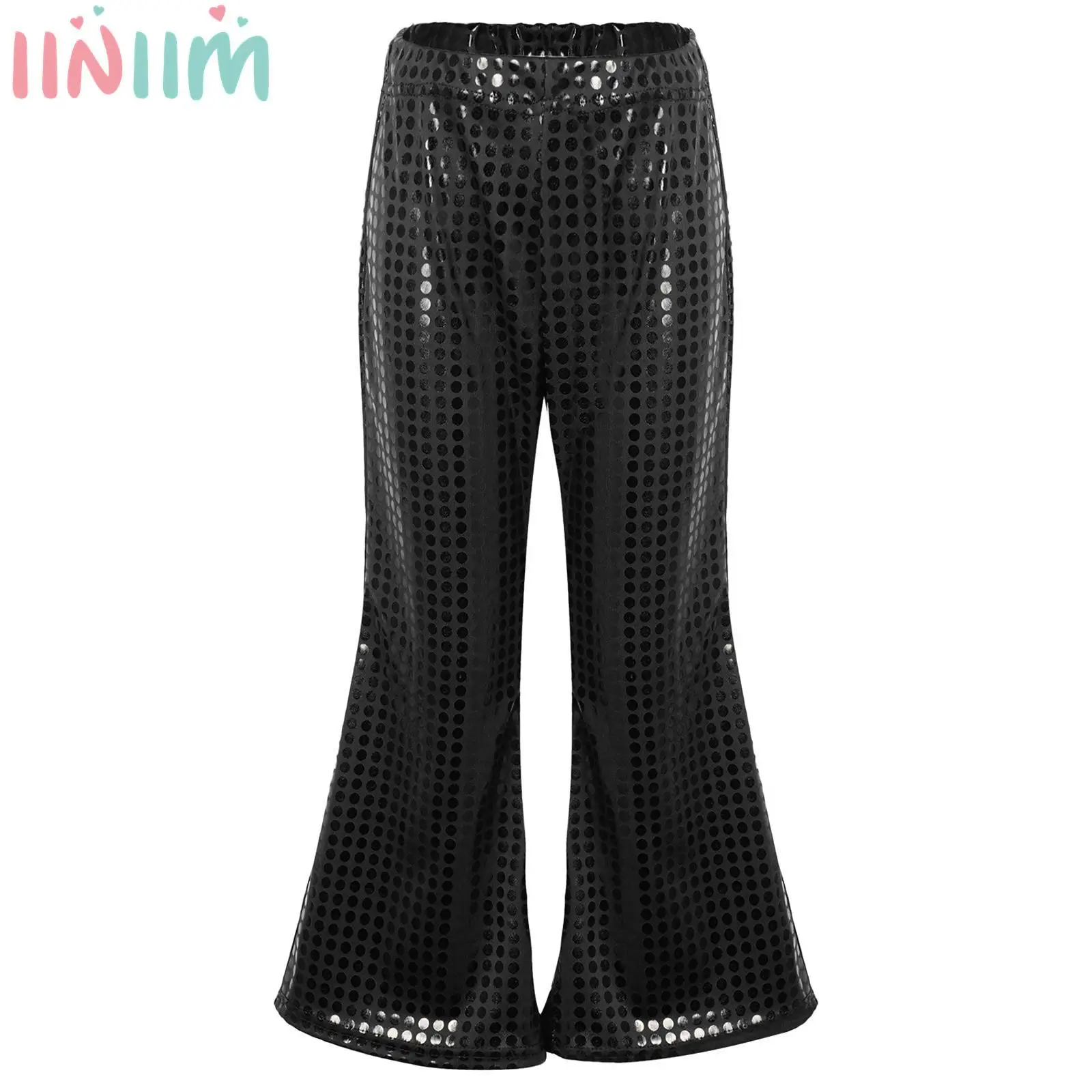 Kids Girls Boys Shiny Sequins Ballroom Dance Flare Pants Hip Hop Jazz Disco Bell Bottoms Trousers Streetwear Performance Costume