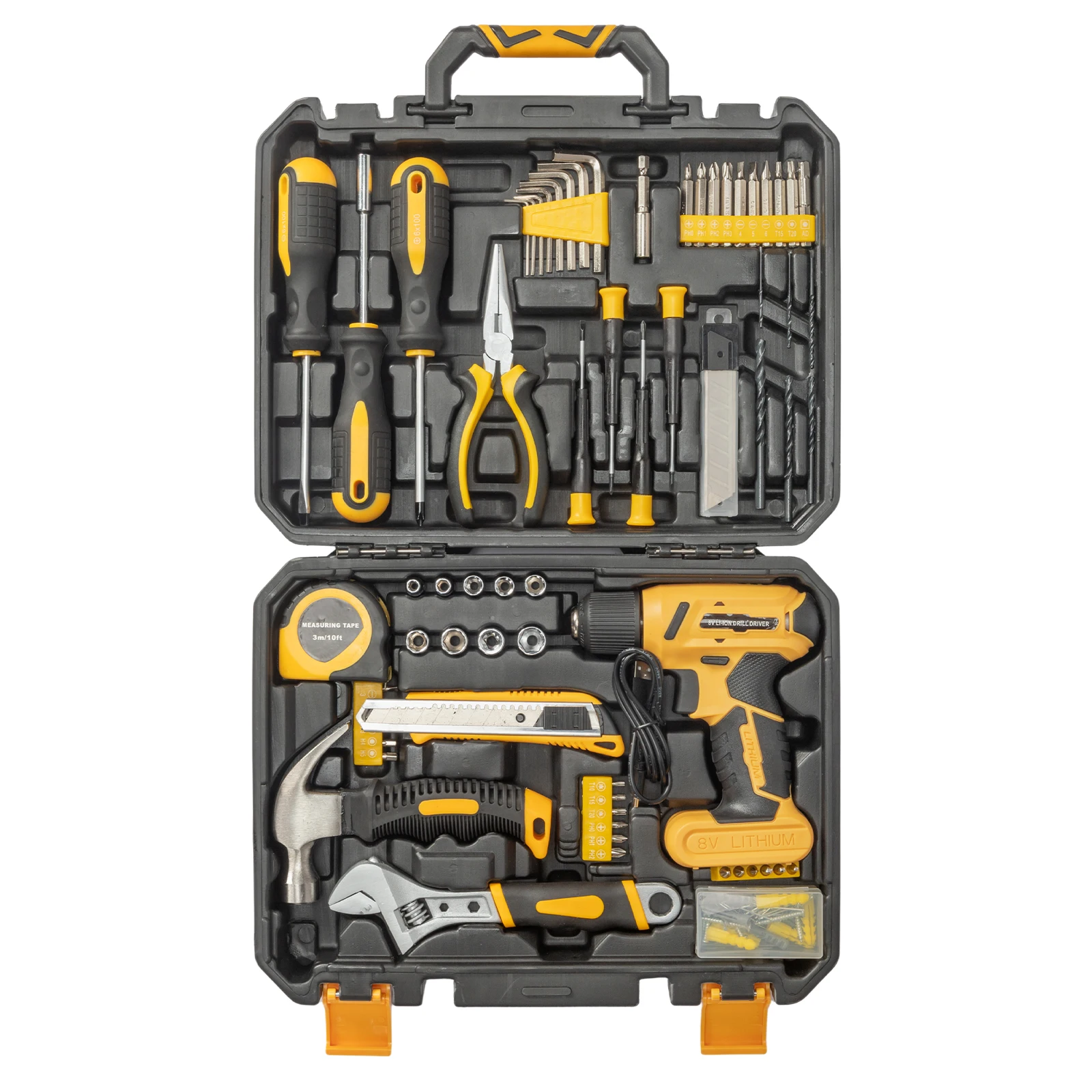 Ensemble de perceuse sans fil avec étui portable, kit d'outils pour la maison avec perceuse, kits d'outils à main de réparation, 8V, 146 pièces