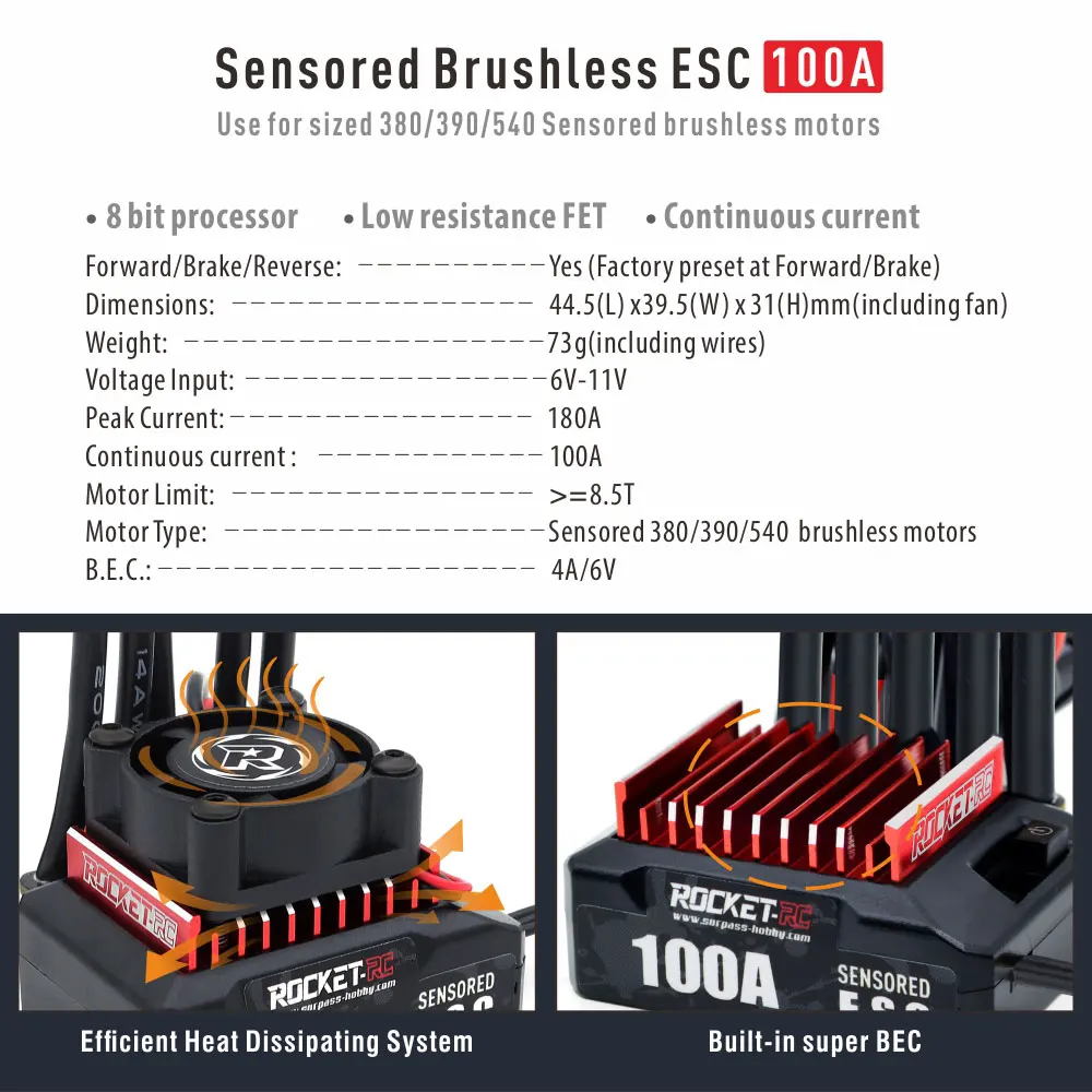 ROCKET-RC 100A センサー付きブラシレス ESC 2-3S 電気スピードコントローラー 1/10 RC ドリフトカー 380/390/540 センサー付きブラシレスモーター用