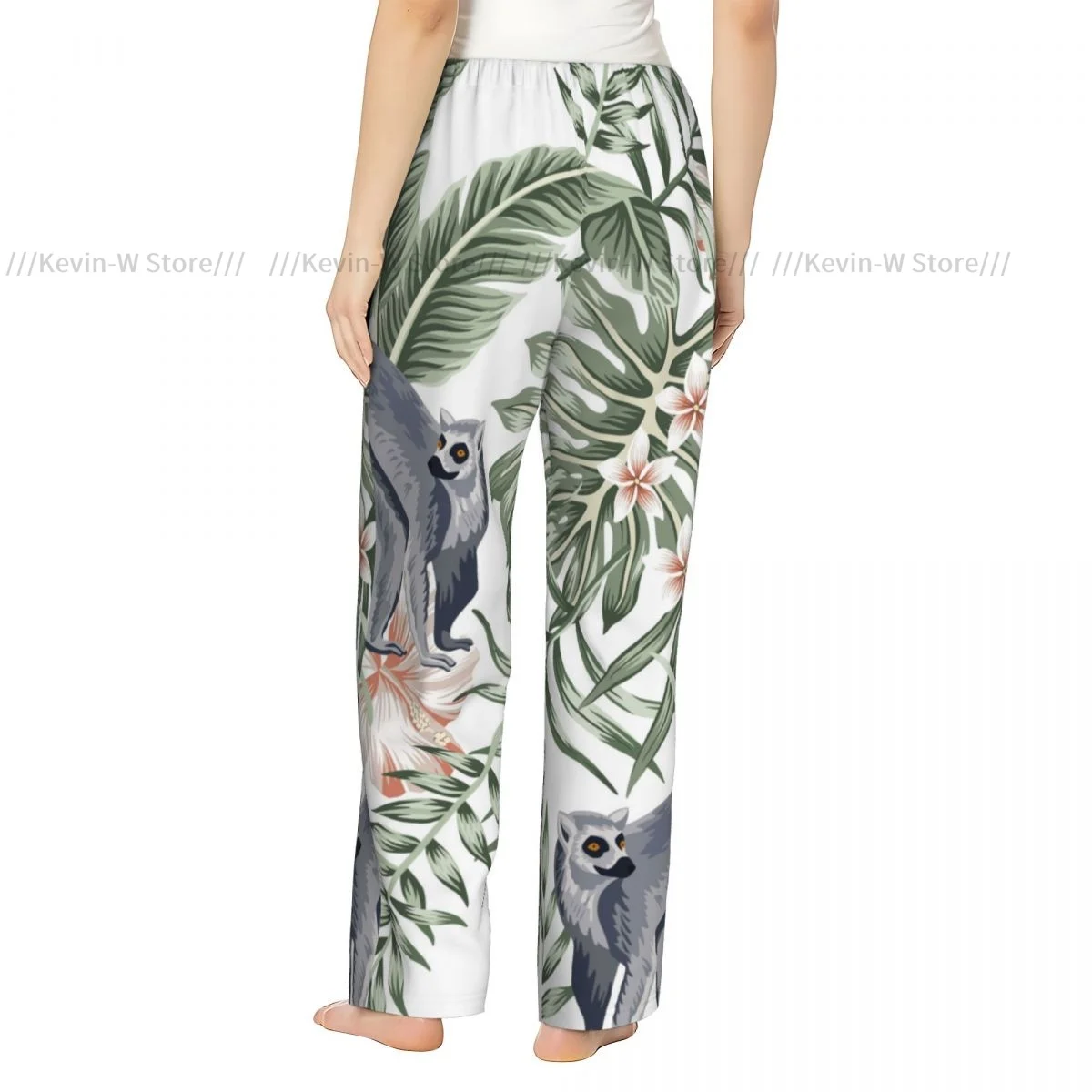 Women Tropical Vintage Animal Lemur Plumeria Hibiscus Flannel Pajama Pants Soft Warm Sleep Pants Cozy Winter Loungewear