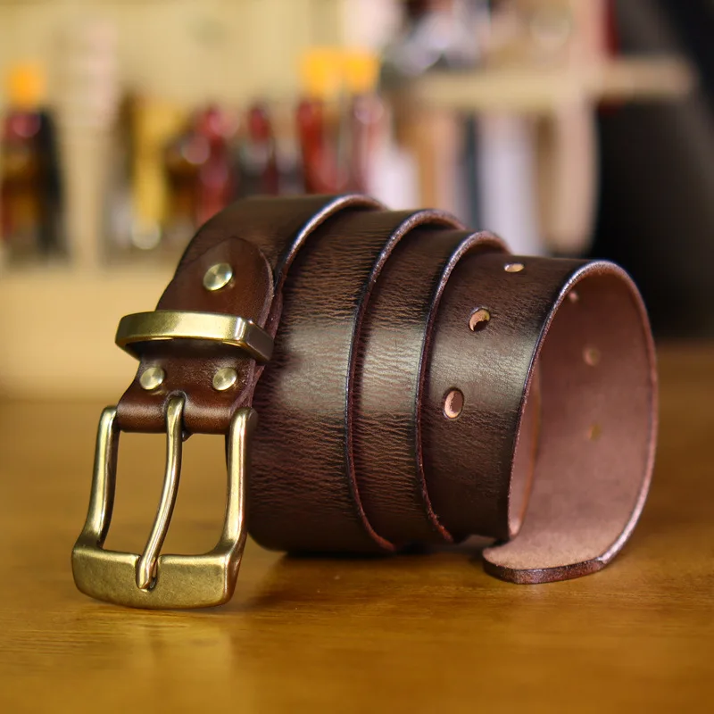 38cmライトラグジュアリーデザイン手磨きメンズ本革ベルト男性レトロ多用途カジュアル純真鍮バックル牛革ベルト