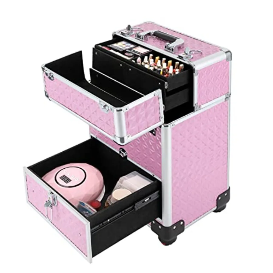 

Rolling Makeup Trolley for Studio or Travelling Nail Technicians, ABS Plastic, Pink, Wheeled Lockable Stylish Polish Organizer,
