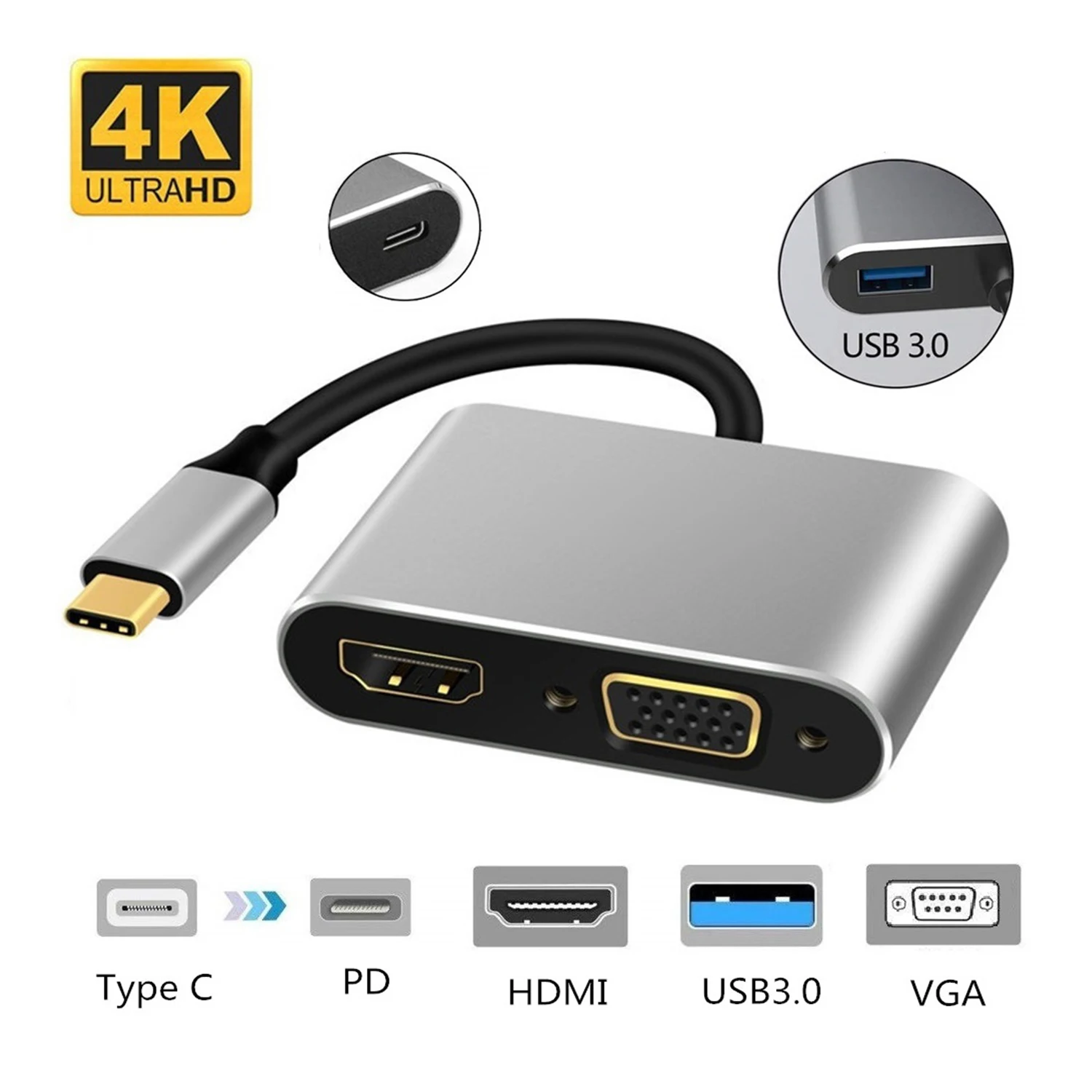 Type-C to 4K HDMI-compatible VGA USB3.0 USB-Ca PD Hub Adapter for MacBook Nintendo Samsung S20 Dex Huawei P30 Dock Xiaomi 10 TV