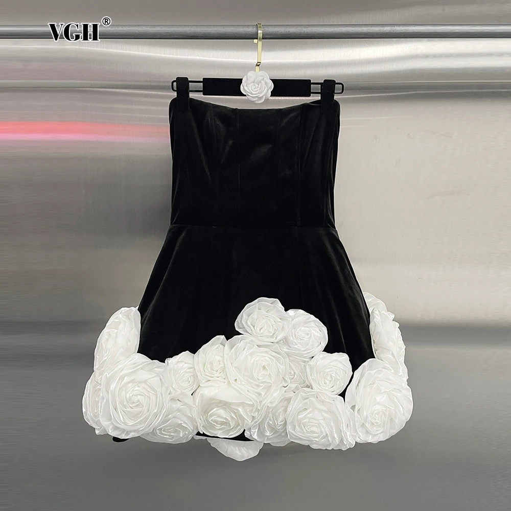 VGH Spliced 3D Flower Hem Party Dresses for Women Strapless Sleeveless High Waist Slimming Prom Velve Mini Dress Female Fashion