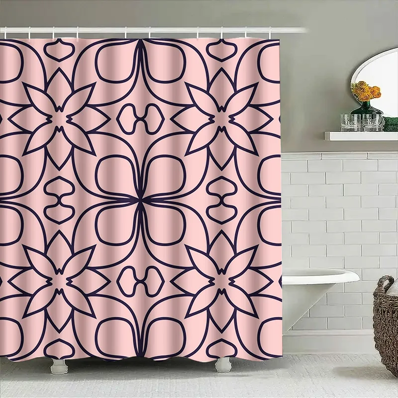 

Elegant Pink and Navy Blue Shower Curtain featuring intricate geometric patterns perfect for a modern bathroom update!