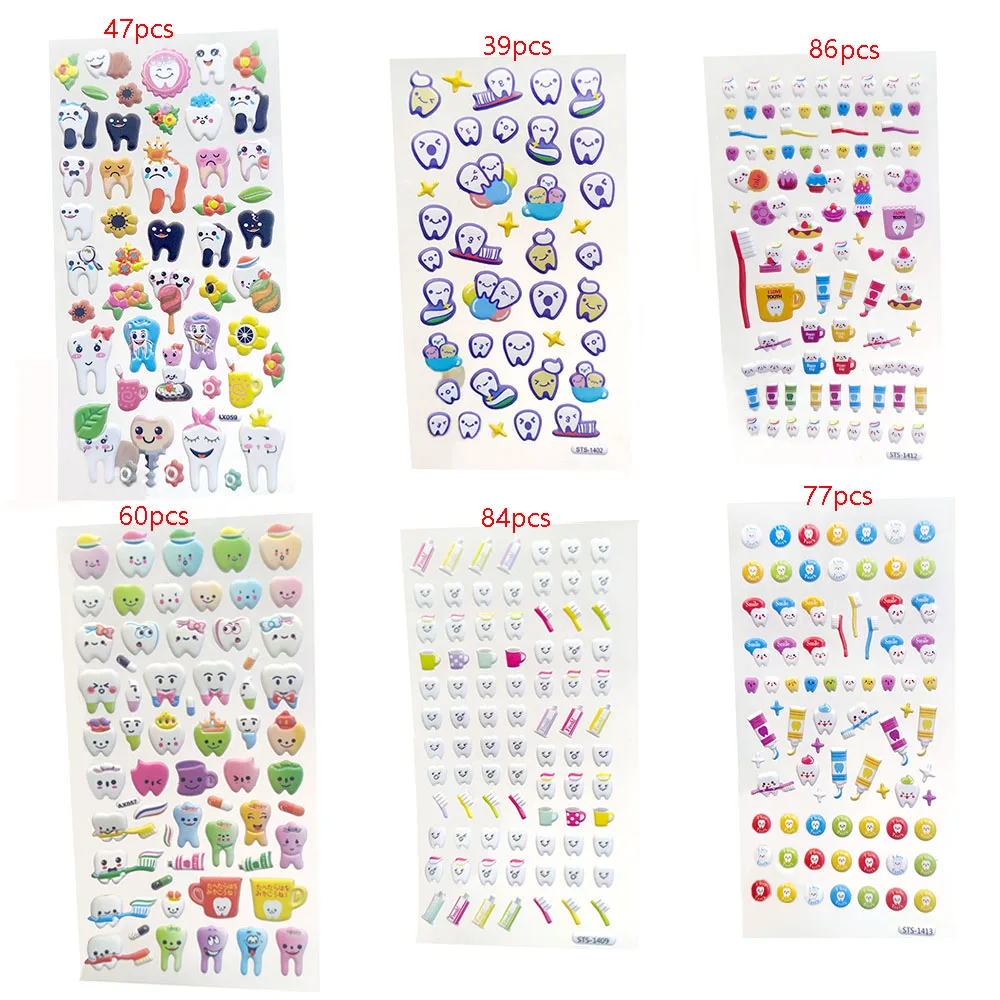 6 Sheets Dental 3D Stickers Reward Cute Tooth Shaped Cartoon Scrapbook for Dentistry Clinic Kids Gift Dentist Decoration Tool